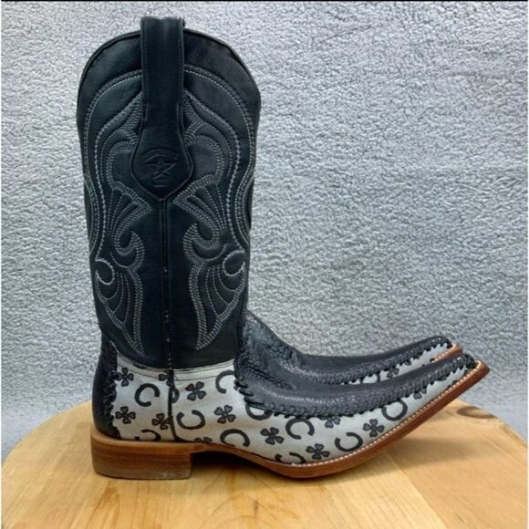 Los Altos Mens Size 7 (EE) Boots Caimen Pointed Toe Western Black Leather Shoes - Picture 1 of 8